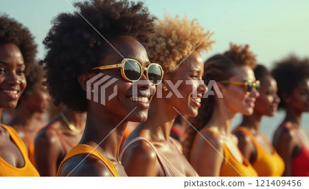 group of diverse women in sunglasses smiling under the sun, celebrating beauty, confidence, and unity in a joyful outdoor setting. Perfect for summer or fashion themes 121409456