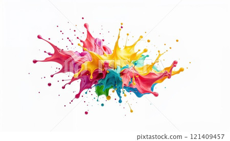 explosion of vibrant paint splashes in vivid pink, yellow, and blue hues against a white background, creating a lively and artistic masterpiece 121409457