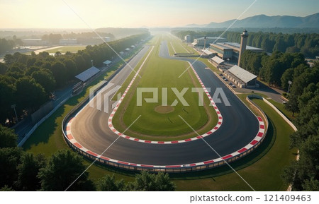 aerial view of a professional race track surrounded by lush greenery and distant mountains, basking in the soft glow of morning sunlight. Ideal for motorsport enthusiasts 121409463