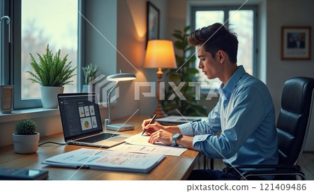 young man in a modern home office, writing notes while working on his laptop, surrounded by potted plants and warm, ambient lighting 121409486