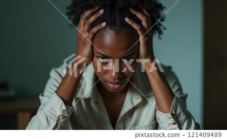 portrait of a young woman gripping her head with both hands, expressing stress, frustration, or deep thought. Emotional and intense indoor scene portrait of a young woman gripping her head with both hands, expressing stress, frustration, or deep thought. Emotional and intense indoor scene 121409489