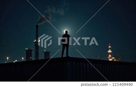 silhouette of a man standing on a rooftop, illuminated by the moon, with industrial chimneys releasing smoke in the background. Nighttime urban mood silhouette of a man standing on a rooftop, illuminated by the moon, with industrial chimneys releasing smoke in the background. Nighttime urban mood 121409490