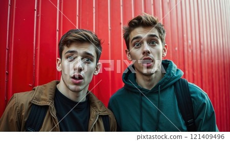 Two young men with surprised expressions stand against a bright red wall, capturing a moment of shock, curiosity, or disbelief in a vibrant urban setting 121409496