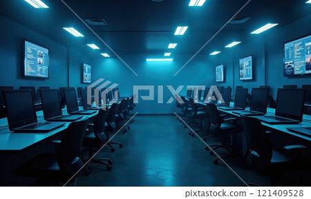 modern computer lab illuminated with cool blue lighting. Rows of empty desks with laptops and ergonomic chairs line the room. Several screens on the walls display data, giving the space a high-tech, 121409528