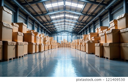 The image shows a large, well-organized warehouse filled with neatly stacked cardboard boxes on pallets. The high ceiling and reflective floor create a sense of space and efficiency, highlighting 121409530