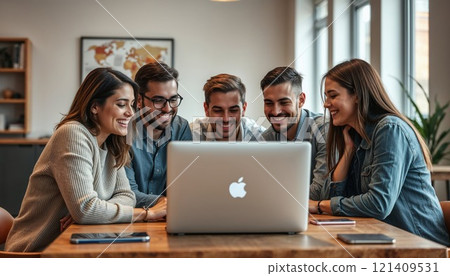 group of five young adults gathered around a laptop, smiling and engaged, suggesting teamwork or collaboration. They are seated in a casual, well-lit office or workspace, creating a positive and 121409531