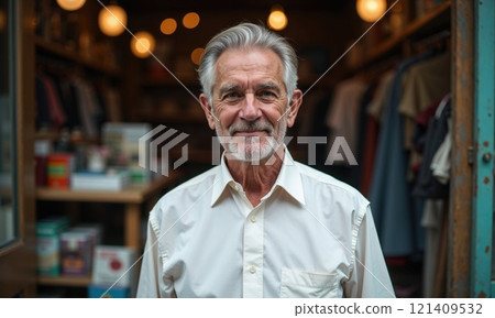 An elderly man with a kind smile stands confidently in front of a shop, wearing a white shirt. Warm lighting and cozy ambiance reflect the setting, possibly in a boutique or local store An elderly man with a kind smile stands confidently in front of a shop, wearing a white shirt. Warm lighting and cozy ambiance reflect the setting, possibly in a boutique or local store 121409532