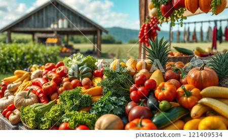 Fresh harvest display at a rustic farm stand with vibrant fruits and vegetables against a backdrop of a wooden barn and rolling hills, showcasing local agricultural abundance 121409534