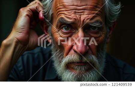 portrait of an older man with a thoughtful and intense expression. His weathered face, deep wrinkles, and gray beard emphasize his age and life experience. His hand is raised to his head, as if in portrait of an older man with a thoughtful and intense expression. His weathered face, deep wrinkles, and gray beard emphasize his age and life experience. His hand is raised to his head, as if in 121409539