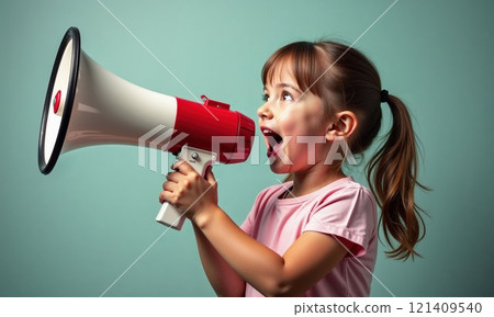 A young girl excitedly shouts into a large red and white megaphone, expressing enthusiasm and energy. She has her hair tied in a ponytail, and her bright expression reflects playfulness and joy 121409540