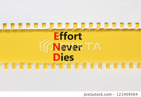 END effort never dies symbol. Concept words END effort never dies on beautiful yellow paper. Beautiful white paper background. Business END effort never dies concept. Copy space. 121409564