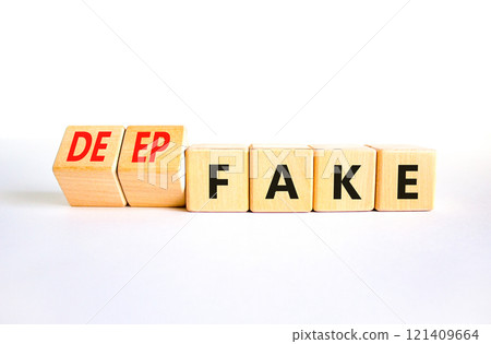 Deepfake or fake symbol. Concept words Fake Deepfake on wooden cubes. Beautiful white table white background. Business and deepfake or fake concept. Copy space. 121409664