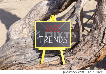 Planning 2025 trends new year symbol. Concept words 2025 Trends on beautiful yellow chalk blackboard. Beautiful old tree and sand background. Business 2025 trends new year concept. Copy space. 121409695
