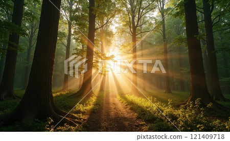 The bright sun is beautifully shining through the tall trees in the serene forest, creating a peaceful and vibrant atmosphere 121409718