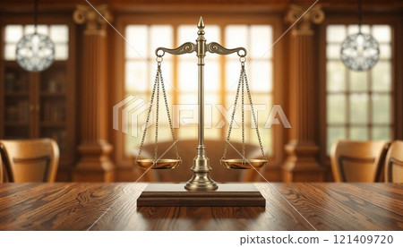 In a courtroom setting, a beautifully crafted scale of justice is sitting prominently on a sturdy wooden table, symbolizing fairness and law 121409720