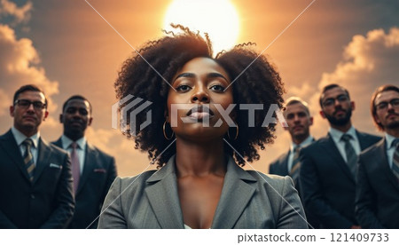 Confident businesswoman standing with her team, embodying leadership, strength, and unity, with a powerful sunlit sky in the background Confident businesswoman standing with her team, embodying leadership, strength, and unity, with a powerful sunlit sky in the background 121409733