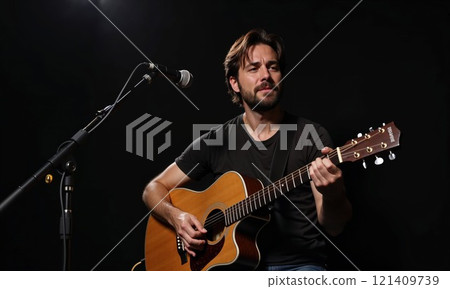 A man skillfully playing an acoustic guitar in front of a microphone set up, creating beautiful melodies for an audience to enjoy A man skillfully playing an acoustic guitar in front of a microphone set up, creating beautiful melodies for an audience to enjoy 121409739