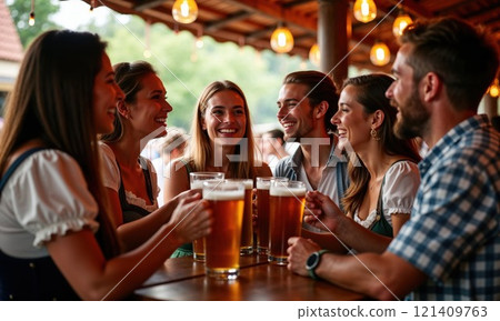 Group of friends enjoying beers at an outdoor bar, laughing and bonding in a festive atmosphere 121409763