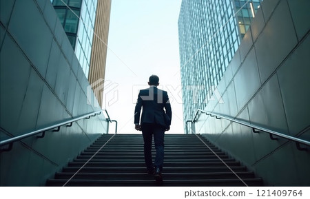 Businessman in a suit climbing stairs toward modern skyscrapers, symbolizing ambition, success, and career growth Businessman in a suit climbing stairs toward modern skyscrapers, symbolizing ambition, success, and career growth 121409764