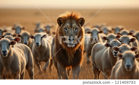 lion stands confidently amidst a flock of sheep in a sunlit field, symbolizing leadership, courage, individuality, and the contrast between strength and conformity 121409783
