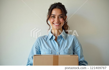 A smiling young woman holds a cardboard parcel, representing efficient delivery services, modern logistics, and the convenience of receiving packages at home or work with a cheerful, positive attitude A smiling young woman holds a cardboard parcel, representing efficient delivery services, modern logistics, and the convenience of receiving packages at home or work with a cheerful, positive attitude 121409787