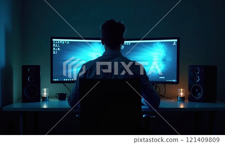 A silhouette of a man working late at night in front of a dual-monitor setup, illuminated by the blue glow of screens, creating a tech-driven, focused, and minimalistic workspace vibe 121409809