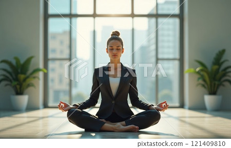 woman in a business suit meditates in a bright modern office space, blending mindfulness and professionalism, symbolizing balance and well-being at work 121409810