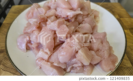 Mushrooms in a frying pan and chicken breast Step-by-step preparation of the pie Mushrooms in a frying pan and chicken breast Step-by-step preparation of the pie 121409835