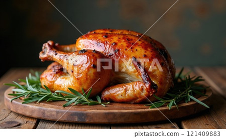 A perfectly roasted chicken is sitting beautifully on a wooden cutting board A perfectly roasted chicken is sitting beautifully on a wooden cutting board 121409883