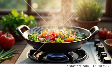 A pan filled with colorful and fresh vegetables is currently cooking on a gas stove, emitting delightful aromas in the kitchen A pan filled with colorful and fresh vegetables is currently cooking on a gas stove, emitting delightful aromas in the kitchen 121409887