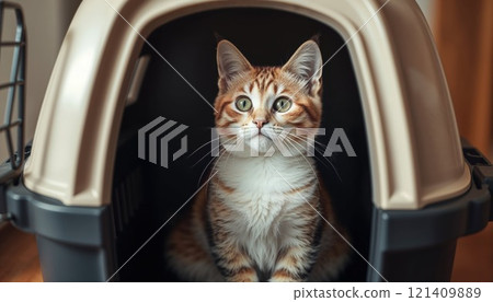 A fluffy orange and white cat is comfortably sitting inside a carrier, observing its surroundings with curious eyes, as it relaxes A fluffy orange and white cat is comfortably sitting inside a carrier, observing its surroundings with curious eyes, as it relaxes 121409889