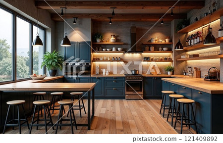 A spacious kitchen with a long table, stools, and a large window 121409892