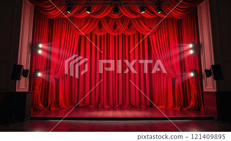 An empty stage featuring vibrant red curtains elegantly draped and bright spotlights illuminating the area, awaiting a performance An empty stage featuring vibrant red curtains elegantly draped and bright spotlights illuminating the area, awaiting a performance 121409895