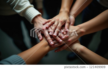 A group of individuals is putting their hands together in a circle 121409909