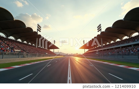 Empty race track at sunset, flanked by grandstands filled with spectators, creating an atmosphere of anticipation for an upcoming race 121409910