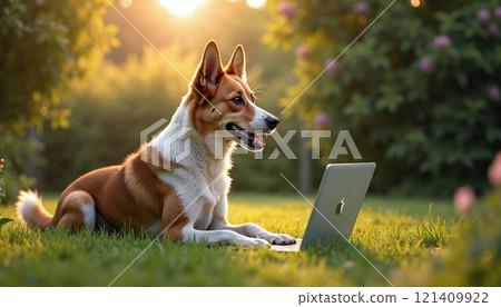 A dog is laying comfortably on the grass while gazing at a laptop computer 121409922