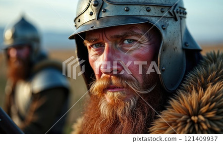 Close-up of a medieval warrior with a stern expression, wearing a metal helmet and fur cloak, embodying strength and resilience 121409937