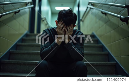 A man, looking distressed, is sitting on a set of stairs, with his head resting in his hands, contemplating his situation at the moment A man, looking distressed, is sitting on a set of stairs, with his head resting in his hands, contemplating his situation at the moment 121409974