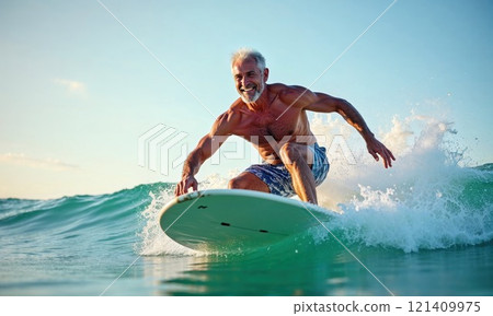 Active senior man surfing on a wave, showing strength, joy, and a zest for life, embracing adventure and fitness in his golden years 121409975