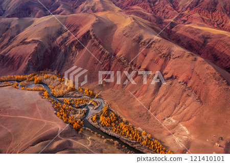Aerial view of colorful mountain valley with winding river 121410101