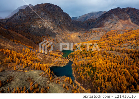 Scenic autumn mountain view with lake surrounded by golden forest 121410110