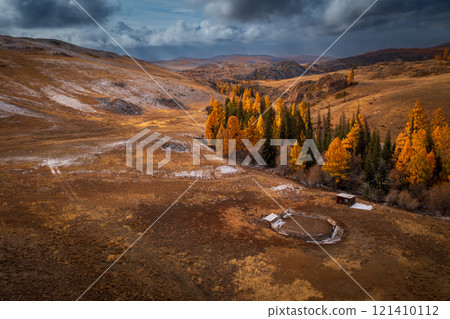 Aerial view of autumn meadow and forest in picturesque landscape Aerial view of autumn meadow and forest in picturesque landscape 121410112