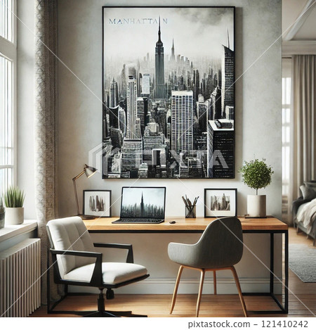 A stylish, minimalist workspace decorated with Manhattan posters 121410242