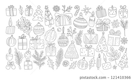 Set of isolated Christmas and New Year party decoration ornaments in cute doodle hand-drawn style on a transparent background. Volume 4: Black outline and white plain style. 121410366