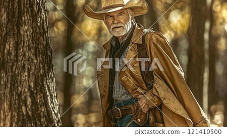 Senior cowboy walking through a forest during autumn with a weathered coat. Generative AI 121410500