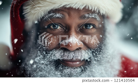 Santa Claus with a snowy beard and warm smile during winter celebration. Generative AI Santa Claus with a snowy beard and warm smile during winter celebration. Generative AI 121410504