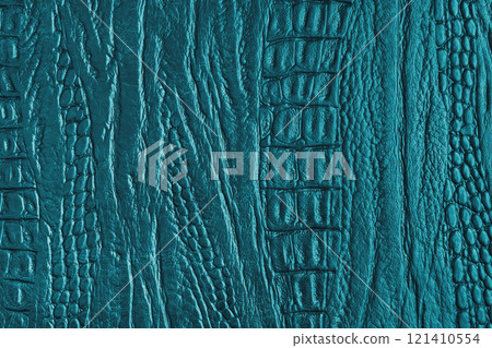 Crocodile genuine leather texture macro, turquoise leatherette with metallic, pearlescent effect 121410554