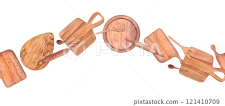 Watercolor wooden cutting boards, spoons, rolling pin and spatula seamless horizontal banner. Rectangle and round chopping boards, handmade tools for mixing food. Top view. Cooking design 121410709