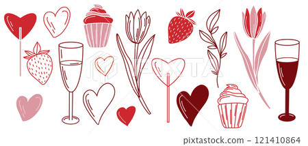 Romantic vector Valentines Day illustration. Contour red and pink hearts, strawberries, tulips, cupcakes, and wine glasses in a minimal hand drawn style. Trendy collection for greeting cards 121410864