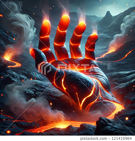 Fantastic Volcanic Hand with Lava and Smoke Fantastic Volcanic Hand with Lava and Smoke 121410964